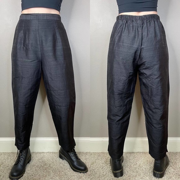 Vintage 100% raw silk pull-on easy pants balloon leg tapered trousers black M - Picture 12 of 17